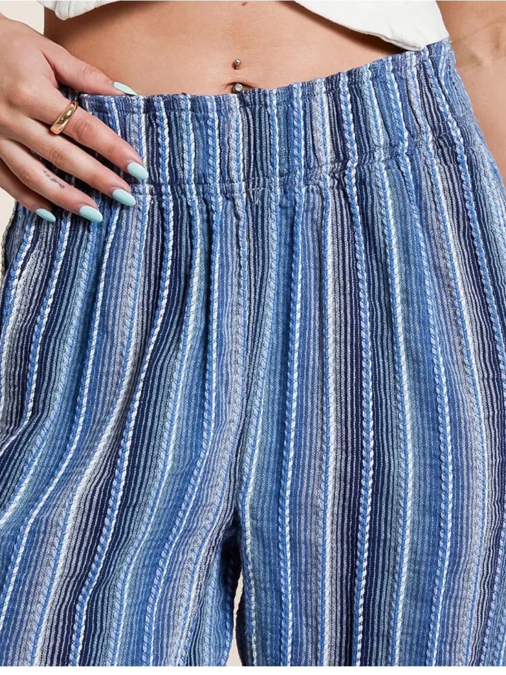 Free People Blue Striped Wide-Leg Pants Size M